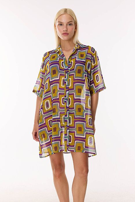 Ayyıldız 4805 Sarı Mor Gömlek Yaka Plaj Elbisesi - AYYILDIZ