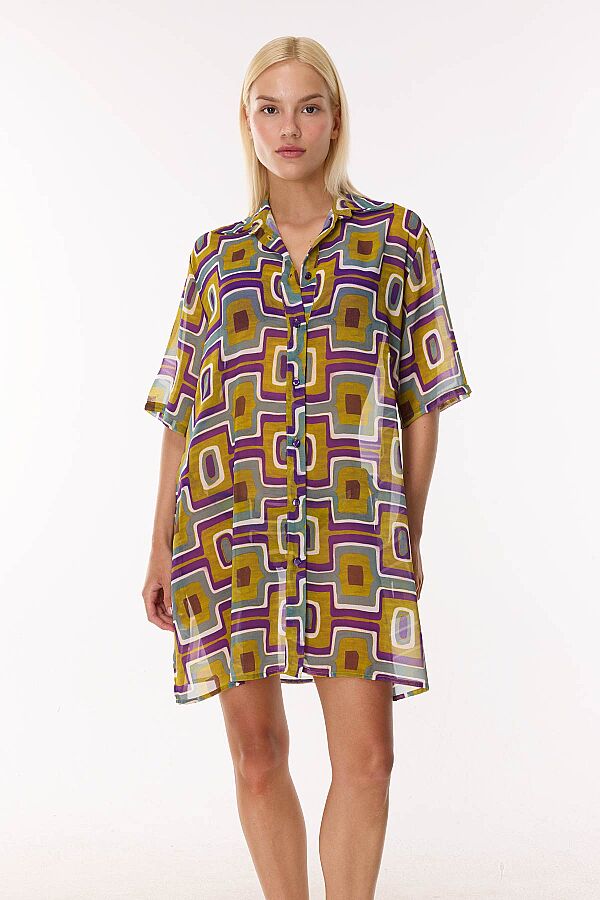 Ayyıldız 4805 Sarı Mor Gömlek Yaka Plaj Elbisesi - 1