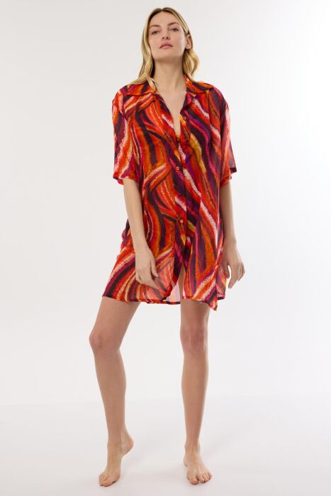 Ayyıldız 4805 Turuncu Mor Desenli Plaj Elbisesi - AYYILDIZ