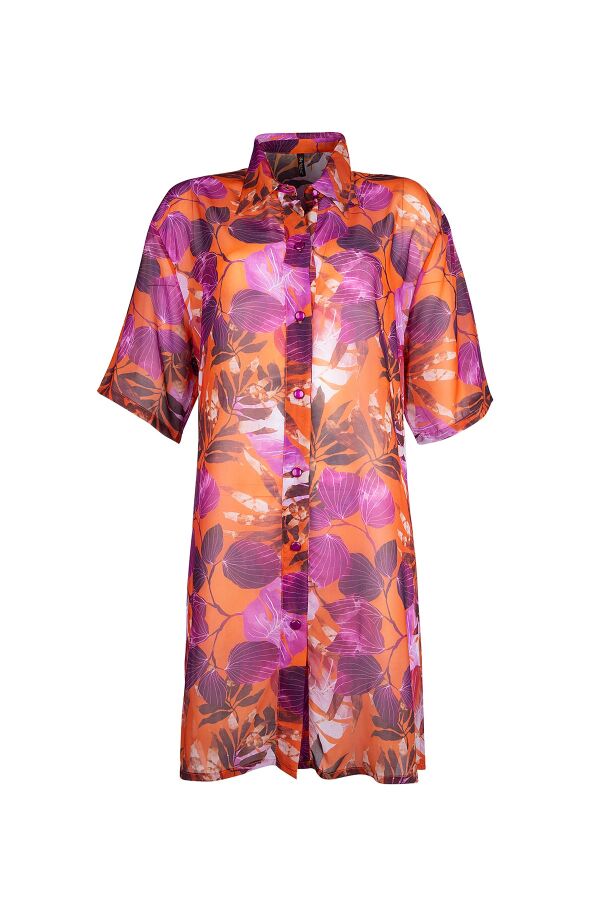 Ayyıldız 4805 Pembe Turuncu Gömlek Yaka Plaj Elbisesi - 4