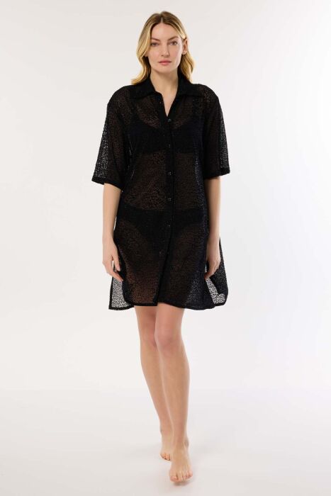 Ayyıldız 4805 Siyah Desenli Simli Plaj Elbisesi - AYYILDIZ