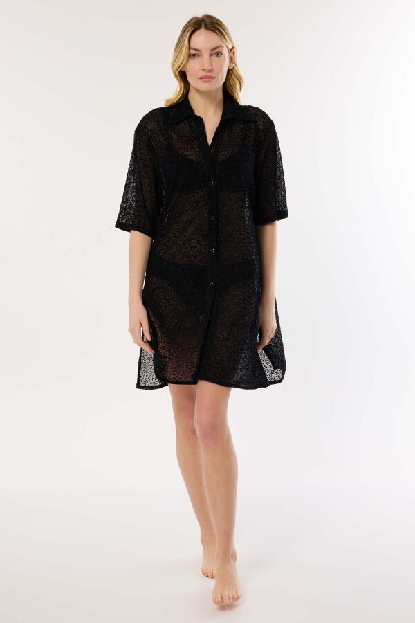 Ayyıldız 4805 Siyah Desenli Simli Plaj Elbisesi - 1