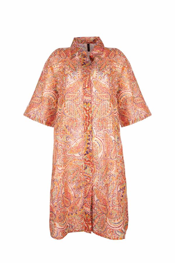 Ayyıldız 4805 Turuncu Şal Desenli Gömlek Yaka Plaj Elbisesi - 3