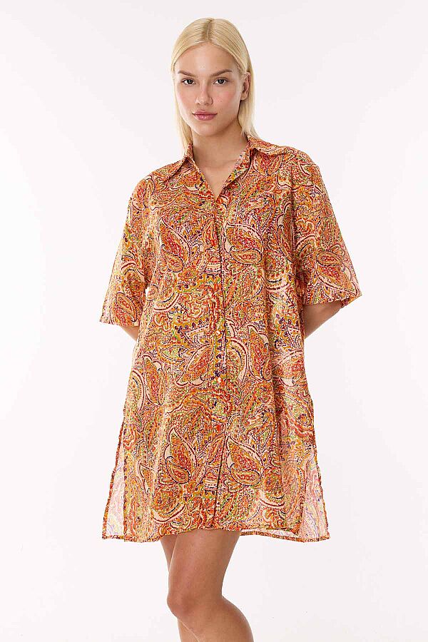 Ayyıldız 4805 Turuncu Şal Desenli Gömlek Yaka Plaj Elbisesi - 1
