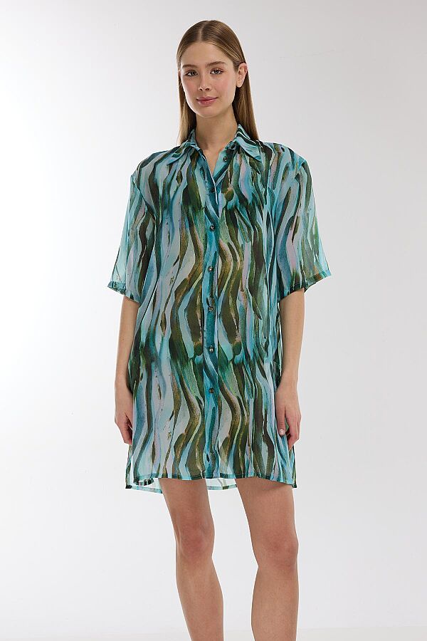 Ayyıldız 4805 Yeşil Turkuaz Gömlek Yaka Plaj Elbisesi - 2