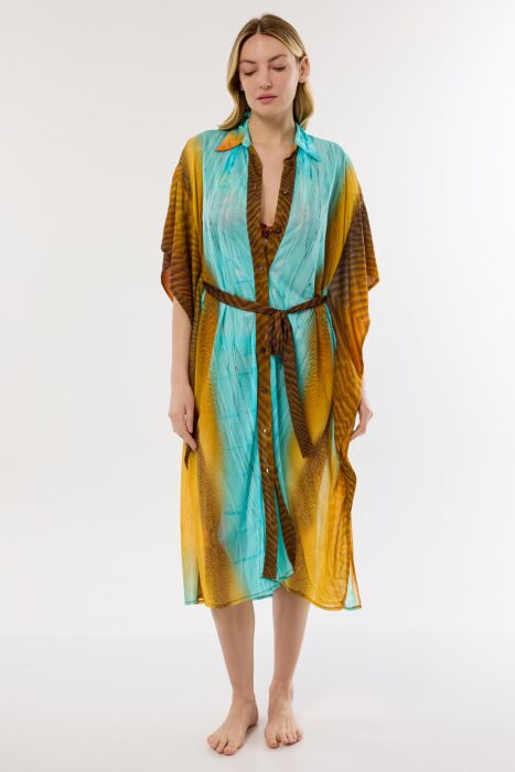 Ayyıldız 4806 Kahve Mavi Desenli Plaj Elbisesi - AYYILDIZ