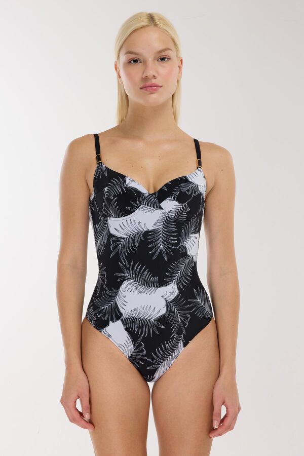 Ayyıldız 49355 Siyah Yaprak Desenli Toparlayıcı Mayo - 1