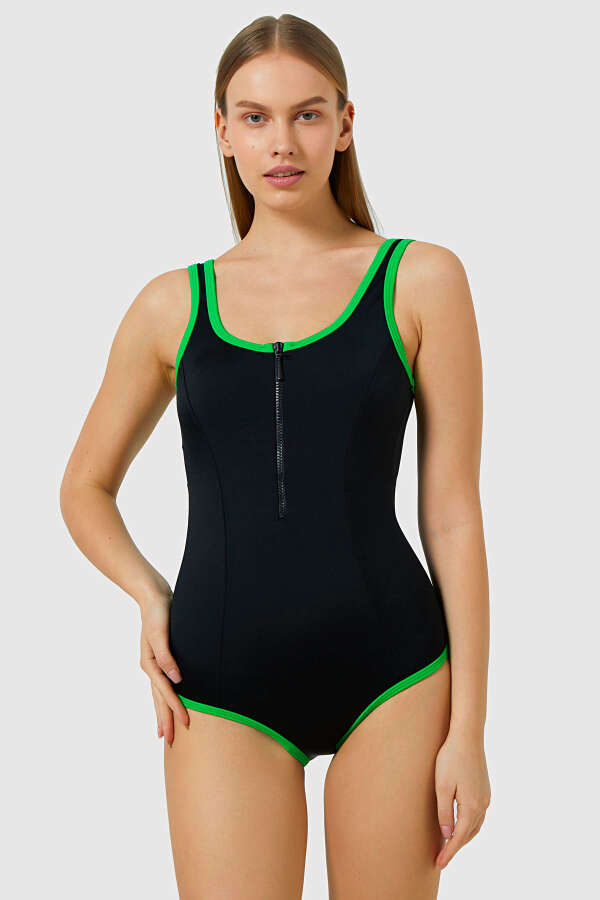 Ayyıldız 3039 Siyah Yeşil Fermuarlı Mayo - 1