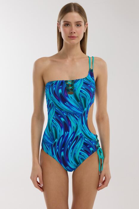 Ayyıldız 5215 Turkuaz Desenli Tek Omuz Mayokini - AYYILDIZ