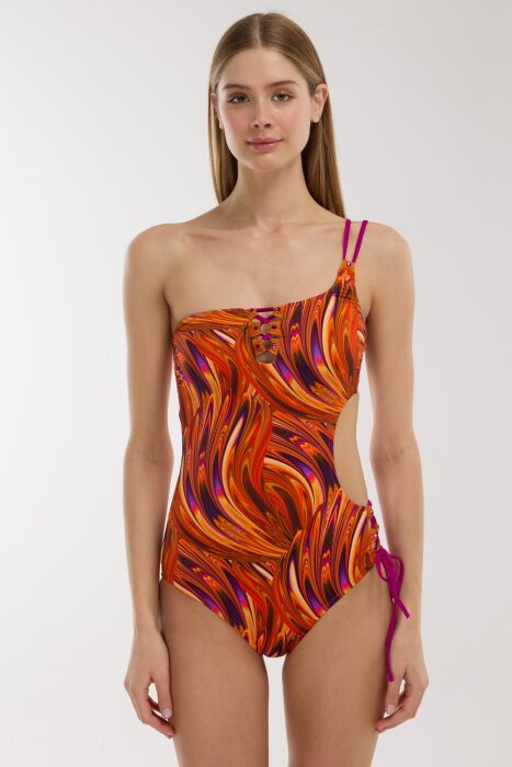 Ayyıldız 5215 Turuncu Desenli Tek Omuz Mayokini - AYYILDIZ