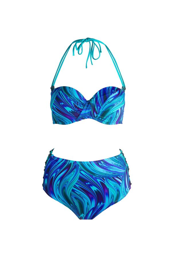 Ayyıldız 5625 Turkuaz Desenli Yüksek Bel Bikini Takımı - 5