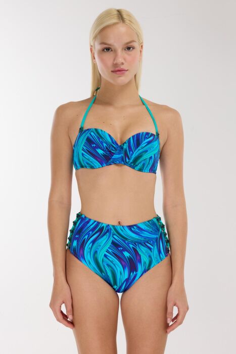 Ayyıldız 5625 Turkuaz Desenli Yüksek Bel Bikini Takımı - AYYILDIZ