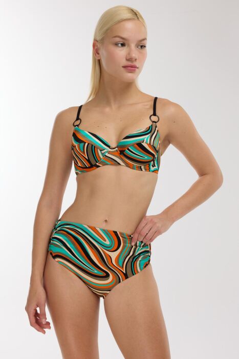Ayyıldız 5643 Yeşil Desenli Yüksek Bel Bikini Takımı - 1