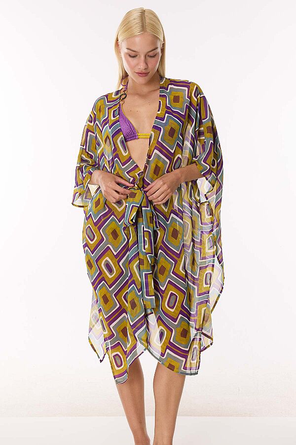 Ayyıldız 5808 Sarı Mor Desenli Plaj Elbisesi - 1