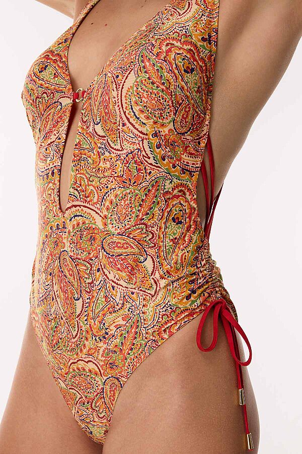 Ayyıldız 6207 Turuncu Şal Desenli Büzgülü Mayokini - 2