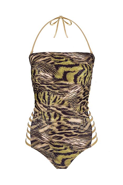 Ayyıldız 6209 Yeşil Simli Leopar Straplez Mayo - 5
