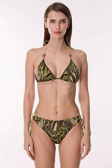 Ayyıldız 6619 Yeşil Simli Leopar Üçgen Bikini Takımı - 1