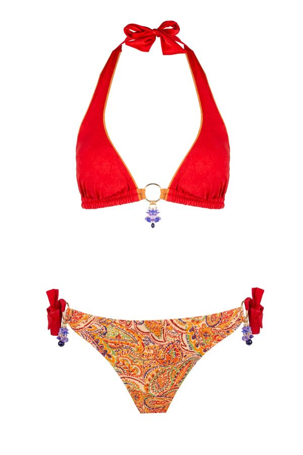 Ayyıldız 6640 Turuncu Şal Desenli Boyundan Bağlamalı Bikini Takımı - 4