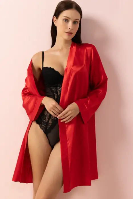 Ayyıldız 815 Kırmızı Saten Sabahlık - 1