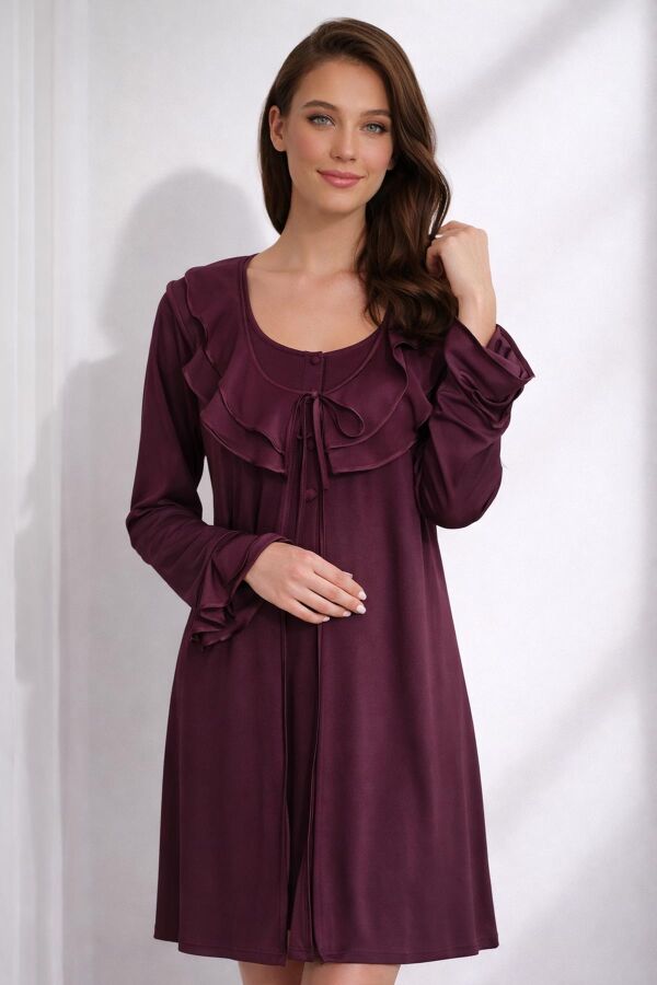 Ayyıldız 3415 Mürdüm Lohusa Gecelik Sabahlık Takım - 1